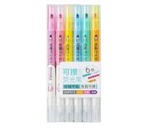 Fluorescent Note Marker Set, 6 Color Erasable Two Tip Pens with Broad Highlight Side, Fine Writing Point, Clear Storage Box for Subject Sorting, Desk Planning, Review Erasable Highlighter Pens Two End