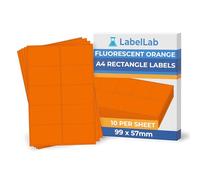 Fluorescent Orange A4 Rectangle Labels - Bright Coloured Printable Sheet Labels for Inkjet & Laser Printers, Permanent Adhesive - 10 Per Sheet (99 × 57 mm), 100 Sheets - LabelLab