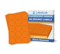 Fluorescent Orange A4 Round Labels - Bright Coloured Printable Sheet Labels for Inkjet & Laser Printers, Permanent Adhesive - LabelLab (25, 51mm Round Labels)
