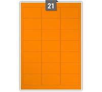 Fluorescent Permanent Adhesive Dry Edge Orange Paper Labels 21 Rectangle Printable Labels per A4 Plain Sheet - Label Paper Size 63.50 mm x 38.10 mm Ideal for Office, Packaging, Shipping