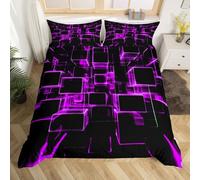 Fluorescent Purple And Black Kids Duvet Cover, Modern Geometric Square Bedding Sets Colorful Gradient Neon Light Honeycomb Bed Cover Double 3 Pieces