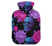 Fluorescent Skull Flowers Black hot Water Bottles with Soft Cover, 2L hot compresses for The Body for Tummy Warmer,Tummy Warmer,Bolsa de calor para Dolor Menstrual