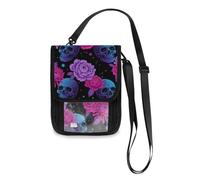 Fluorescent Skull Flowers Black Travel Wallet Passport Holder Hidden Neck pouching Slim Lightweight Crossbody Bag with Adjustable Strap