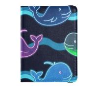 Fluorescent Whale Wave Dark Blue Leather decorative travel wallet womens passport holder Wallet Combo Passport Holder Combo with Vaccine Card Slot Waterproof, Fluorescent whale wave dark blue, One
