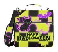Fluorescent Yellow Checkered Halloween Black Cat 3 Rings 1.5 inch Zip Up Binder with Shoulder Strap & Handle Waterproof School Binders Organizer for School/Office