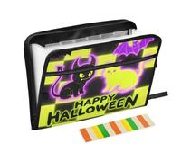 Fluorescent Yellow Checkered Halloween Black Cat File Folders with Pockets 13 Pockets A4 Letter Size with Zipper Closure for Expanding File Folder with Labels