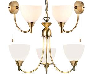 Flush/Hanging 3 Bulb Ceiling & 2X Wall Light Pack | Antique Brass & Frosted Glass Shade | Matching Indoor Lamp Fittings | Modern/Vintage Lounge Bedroom Lighting Set | LED Compatible & Dimmable kit
