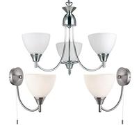 Flush/Hanging 3 Bulb Ceiling & 2X Wall Light Pack | Satin Chrome & Frosted Glass Shade | Matching Indoor Lamp Fittings | Modern/Vintage Lounge Bedroom Lighting Set | LED Compatible & Dimmable kit