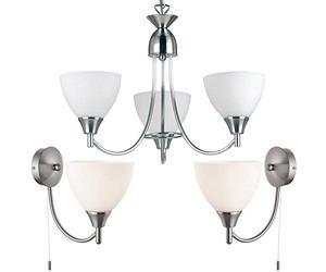Flush/Hanging 3 Bulb Ceiling & 2X Wall Light Pack | Satin Chrome & Frosted Glass Shade | Matching Indoor Lamp Fittings | Modern/Vintage Lounge Bedroom Lighting Set | LED Compatible & Dimmable kit