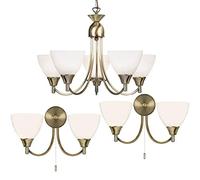 Flush/Hanging 5 Bulb Ceiling & 2X Twin Wall Light Pack | Antique Brass & Frosted Glass Shade | Matching Indoor Lamp Fittings | Modern/Vintage Lounge Bedroom Lighting Set | LED & Dimmable kit