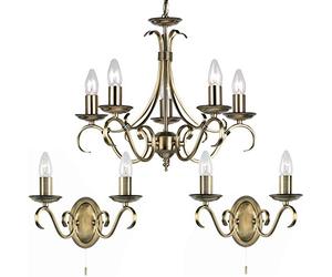 Flush/Hanging 5 Bulb Ceiling & 2X Twin Wall Light Pack | Classic Antique Brass Chandelier Set | Matching Indoor Lamp Fittings | Modern/Vintage Lounge Bedroom Lighting | LED & Dimmable kit