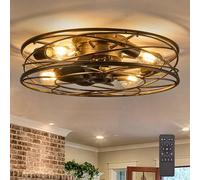Flush Mount Caged Ceiling Fan: 20" Caged Ceiling Fan with Lights and Remote, Bladeless Low Profile Ceiling Fans 6 Speed Reversible Quiet Industrial Enclosed Ceiling Fan for Bedroom Dining Room Kitchen