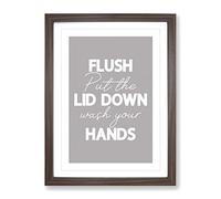 Flush Put The Lid Down Wash Your Hands Typography Quote Framed Wall Art Print, Ready to Hang Picture for Living Room Bedroom Home Office Décor, Walnut A2 (64 x 46 cm)