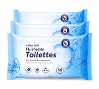 Flushable Toilet Wipes - Ultra Soft Moist Toilet Tissue with Aloe Vera & Vitamin E, Biodegradable, Vegan & PETA Approved, Gentle for Sensitive Skin, 3 x 40 Packs (120 Wipes Total)