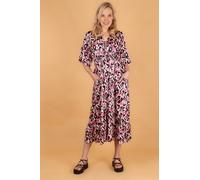 Fluted Sleeve Shirred Maxi Dress - Pink, Abstract Print Sarta Pink S
