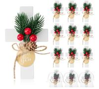 Flutesan 12 Sets Baptism Favors for Guests First Communion Wooden Cross Magnets with Flower and Bag for Baptism Party Decoration, Gathering, Baby Shower, Christen Souvenirs Gift (Christmas,White)