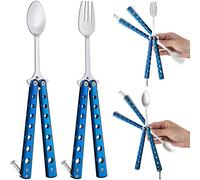 Flutesan 2 Pcs Butterfly Fork and Spoon Set, Folding Stainless Steel Fork Tactical Butterfly Spoon for Travel BBQ Kitchen Camping Hunting(Blue)