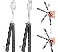 Flutesan 2 Pcs Butterfly Fork and Spoon Set, Tactical Butterfly Spoon Folding Stainless Steel Butterfly Fork for Travel Camping Hunting BBQ Kitchen, Black