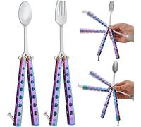 Flutesan 2 Pcs Butterfly Fork and Spoon Set, Tactical Butterfly Spoon Folding Stainless Steel Butterfly Fork for Travel Camping Hunting BBQ Kitchen (Colorful)