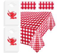 Flutesan 30 Pcs Disposable Crawfish Bibs and 2 Pcs 54 x 108 Inch Plastic Red Gingham Checkered Tablecloths Crawfish Boil Accessories Set for Seafood Crawfish Party Supplies for Restaurants, Picnic
