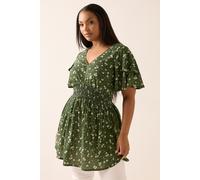 Yours Curve Green Floral Print Flutter Sleeve Top - Women's - Plus Size Curve