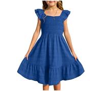 Flutter Sleeve Flowy Smocked Dress for Girls Solid Square Neck Ruffle Pleated Dresses Formal Birthday Skirts Clothes Long Sleeve Fancy Dressfor Kids Party(Navy, 13-14 Years)