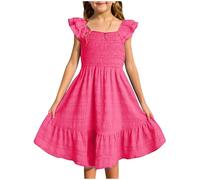 Flutter Sleeve Ruffle A-Line Dress for Toddler Girls Teen Kids Solid Square Neck Pleated Party School Dance Dress Tops Dresses for Teen 14-16 Party Fancy for (Hot Pink, 7-8 Years)