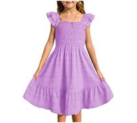 Flutter Sleeve Ruffle A-Line Dress for Toddler Girls Teen Kids Solid Square Neck Pleated Party School Dance Dress Tops Dresses for 14 Year Old Girls Casual Lace Wedding(Purple, 11-12 Years)