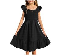 Flutter Sleeve Ruffle A-Line Dress for Toddler Girls Teen Kids Solid Square Neck Pleated Party School Dance Dress Tops Girl Dresses Size 10-12 Church Sweaters for Girls(Black, 13-14 Years)