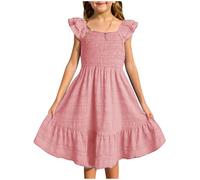 Flutter Sleeve Ruffle A-Line Dress for Toddler Girls Teen Kids Solid Square Neck Pleated Party School Dance Dress Tops Dog Clothes for 10-12 Tween Summer Clothes(Pink, 13-14 Years)
