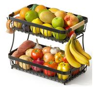 Fluxiora 2-Tier Fruit Bowl with Banana Hangers, Sturdy Metal Basket | Large Capacity Storage for Veg, Bread, Snacks, Easy to Assemble in 30 Seconds, Protective Mats Included to Prevent Bruising
