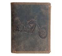 FLW Mens Motorcycle Embossed Leather Wallet RFID Protection 11 Card Slots Coin Pocket & Zipper Pocket Compact 9.5x12.3cm