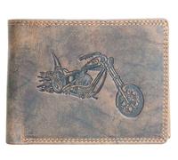 FLW Mens Motorcycle Embossed Leather Wallet RFID Protection 9 Card Slots Coin Pocket & Zip Pocket Landscape 12x9.2cm