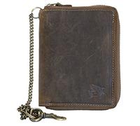 FLW Men's Natural Genuine Leather Wallet with Metal Zipper Around with Shark with Chain