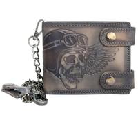 FLW Motorcycle Wallet Genuine Leather Grey/Brown with Skull Embossing - Men's Biker Wallet with 45 cm Metal Chain, Carabiner, Belt Loop and RFID Protection