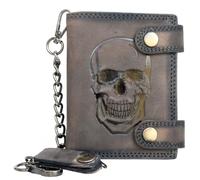 FLW Motorcycle Wallet Genuine Leather Grey with Skull Embossing - Men's Biker Wallet with 45 cm Chain, Carabiner, Belt Loop and RFID Protection