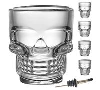 FLX Skull Shot Glasses. Gift Set. 4X Skull Shaped Tequila Shot Glass + Bottle Pourer. Crystal Clear Glass. Dishwasher Safe. 50ml