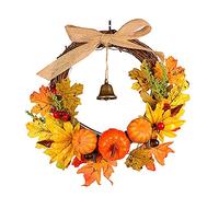 FLXHSA 12 inch autumn wreath for front door, harvest wreath with colorful maple leaves, pumpkin berries and golden bell for Thanksgiving Halloween decoration