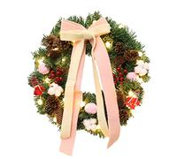 FLXHSA Artificial Wreath, Christmas Wreath 40/50/60cm Decorations Christmas Wreaths for Front Door with Battery Operated and Pink Bow andRed Doll