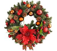 FLXHSA Christmas Wreath,Christmas Flower Ring Red Christmas Wreath, Berry Maple Leaf Decoration Halloween Wreath Gift Thanksgiving Autumn Harvest Artificial Front Door Wall Hanging Wreath Rattan