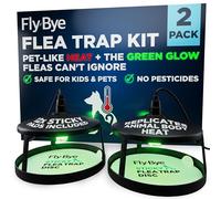 Fly-Bye Flea Trap Kit with Unique Green Light - 2 Flea Traps with 12 Non-Toxic Sticky Pads - Unscented Flea Killer for Home - No Spray or Flea Bomb Needed - Green Light and Heat Irresistible to Fleas