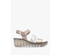 FLY LONDON Bexy Sahara Silver Sahara Leather Mid Wedge Sandals Size: 3