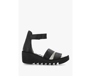FLY LONDON Bono II Black Leather Mid Wedge Sandals Size: 39, Colour: B