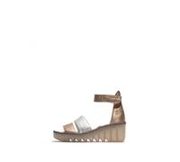 FLY LONDON Bono Silver Graphite Black Leather Mid Wedge Sandals Size: