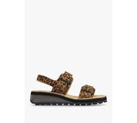 FLY LONDON Heif Cheetah & Tan Leather Double Buckle Low Wedge Sandals