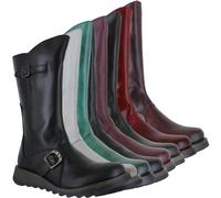 FLY LONDON Mes II Dark Brown Leather Low Wedge Calf Boots Size: 39, Co