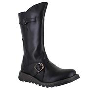 Fly London Mes Black Pebbled Leather Low Wedge Calf Boots 5 Black Leather