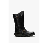 FLY LONDON Mes II Black Leather Low Wedge Calf Boots Size: 36, Colour: