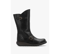 FLY LONDON Mes II Black Leather Low Wedge Calf Boots Size: 41, Colour: