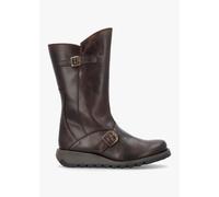 FLY LONDON Mes II Dark Brown Leather Low Wedge Calf Boots Size: 36, Co